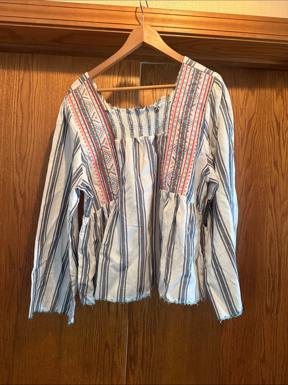 Embroidered Stripe Peasant Tunic Top - Blue & White